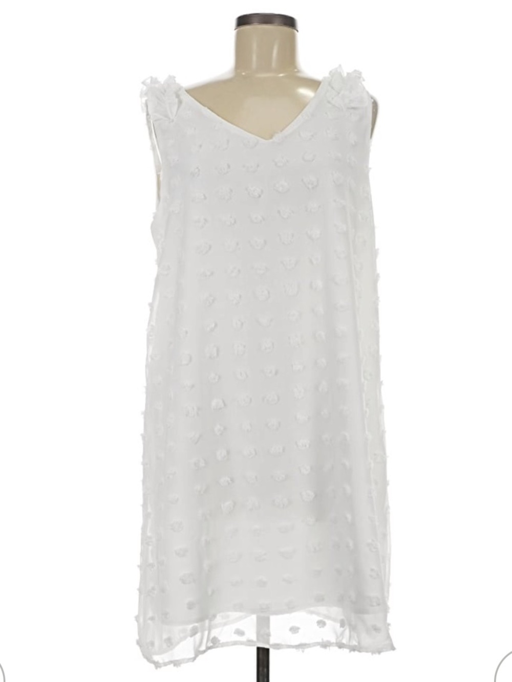 White Swiss Dot V Neck Sleeves Dress